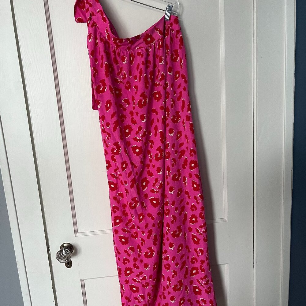 JODIFL tie one shoulder pink red cheetah print summer maxi dress size L